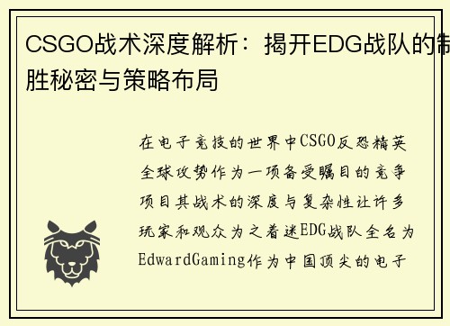 CSGO战术深度解析：揭开EDG战队的制胜秘密与策略布局