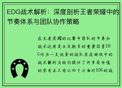 EDG战术解析：深度剖析王者荣耀中的节奏体系与团队协作策略